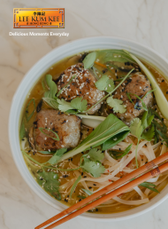 Crispy Rice Paper Chicken & Mushroom Dumplings in Warm Miso Broth with Bok Choy and Rice Noodles