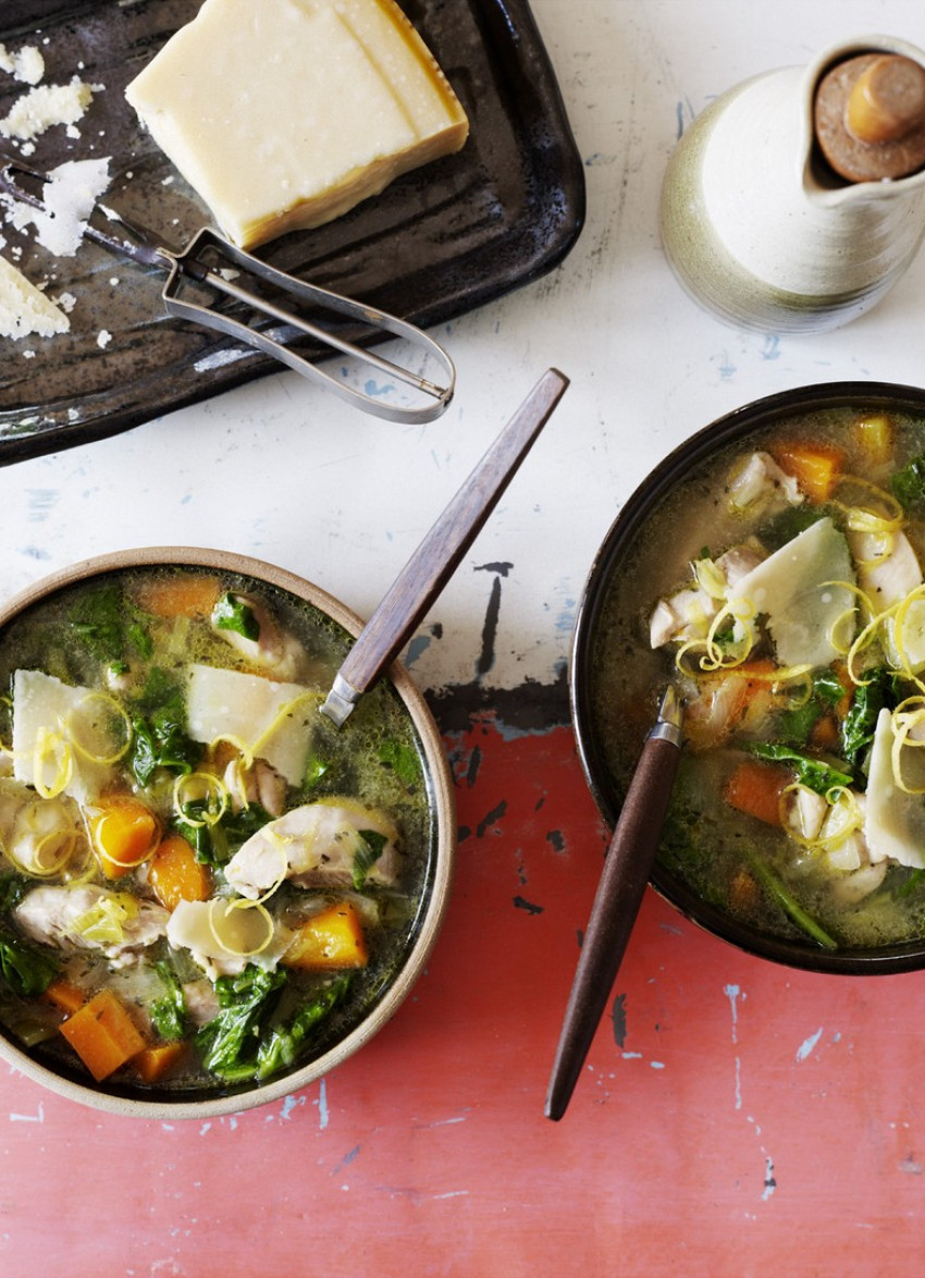 Chicken, Spinach and Leek Soup with Shaved Parmesan 