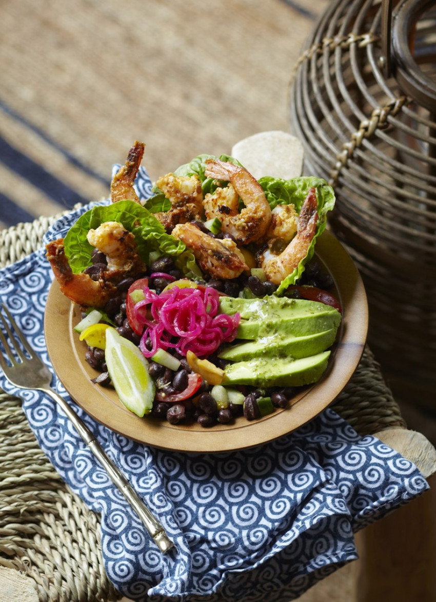 Lime Pickle Prawns with Black Bean, Cherry Tomato and Avocado Salad
