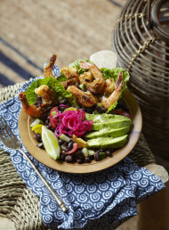 Lime Pickle Prawns with Black Bean, Cherry Tomato and Avocado Salad
