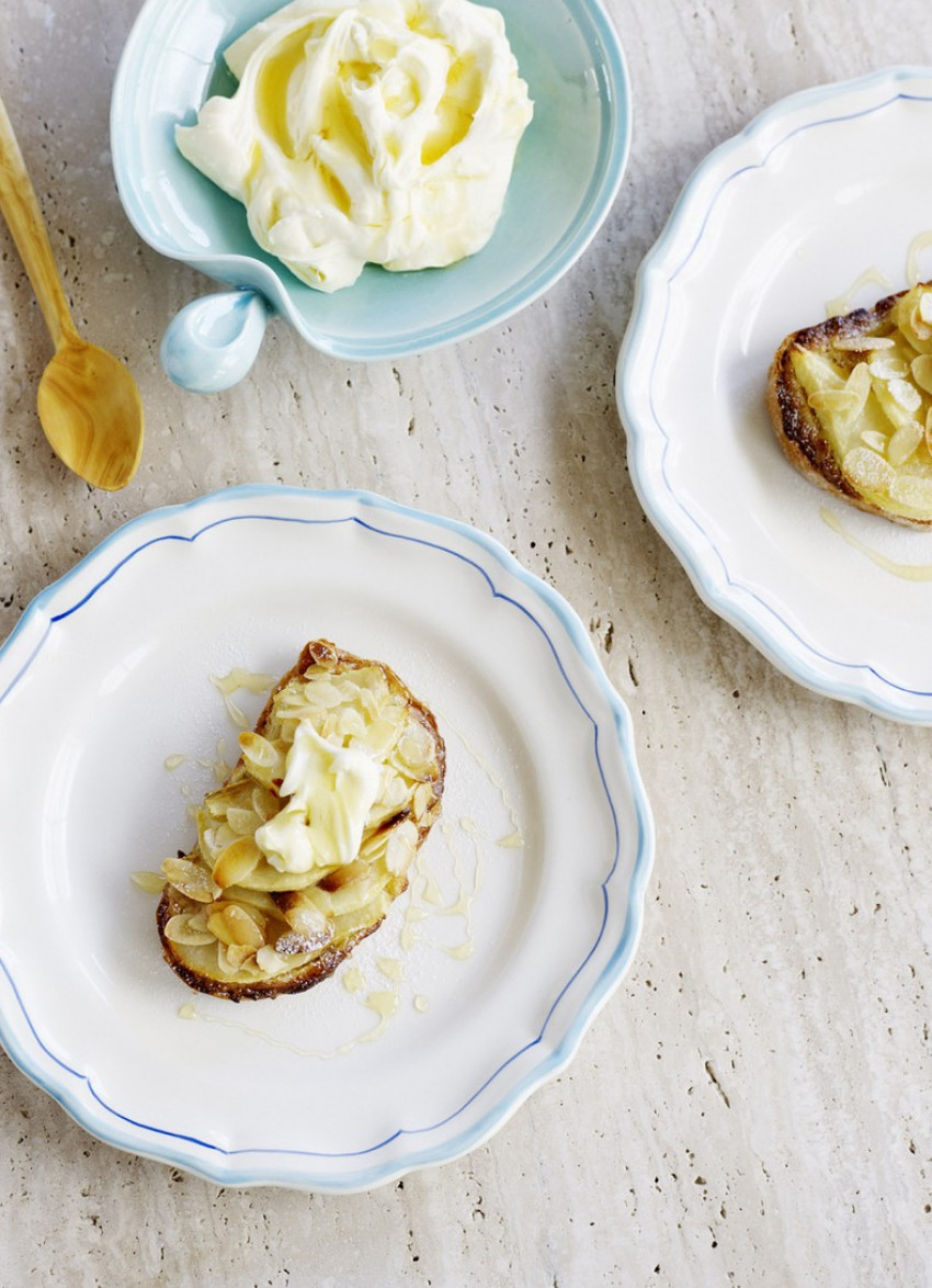 Pear and Almond Frangipane Bruschetta with Honeyed Creme Fraiche