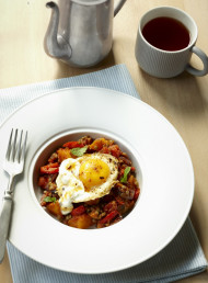 Turkish Eggs on Roasted Pumpkin, Chorizo and Lentils