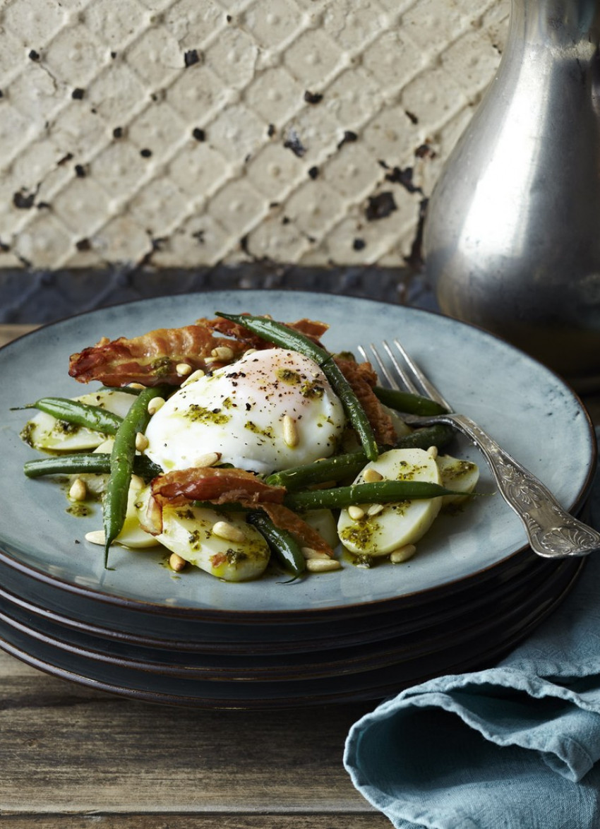 Potato, Bean and Pancetta Salad with Poached Eggs and Pesto Dressing