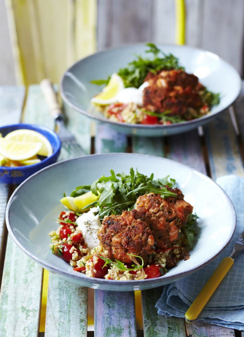 Thai Salmon Cakes with Spicy Capsicum and Cracked Wheat Salad