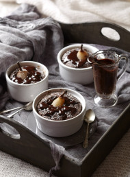 Chocolate and Poached Pear Puddings with Chocolate Sauce 