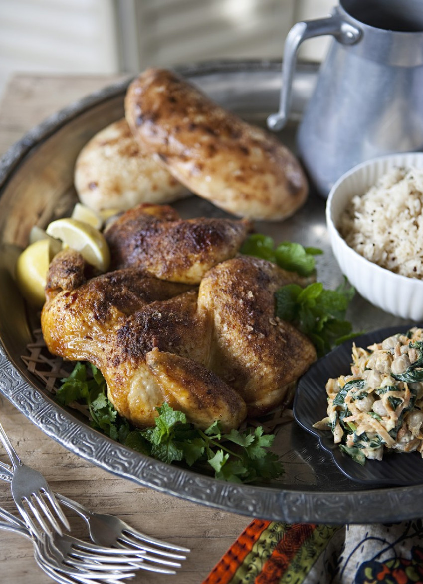 Roast Spiced Chicken with Spinach and Chickpea Raita