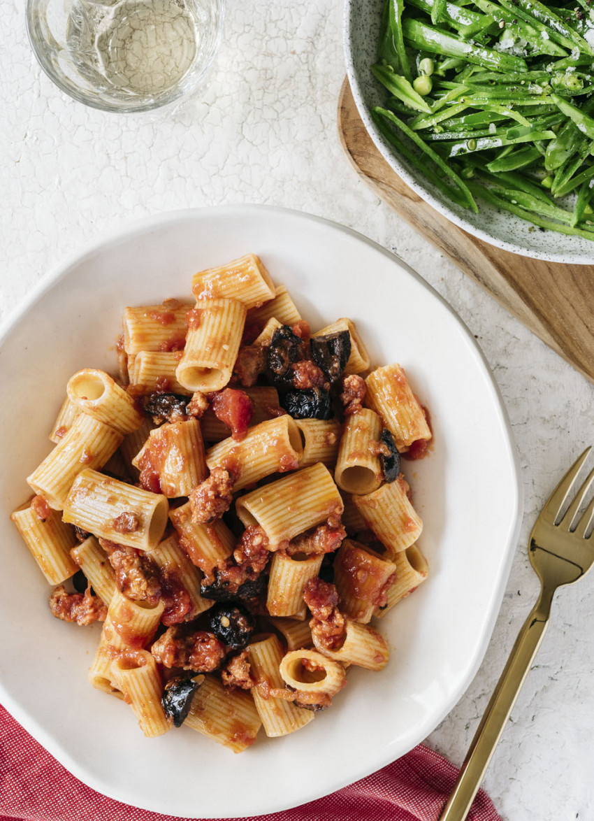 Chunky Pasta with Sausage, Olives & Tomatoes