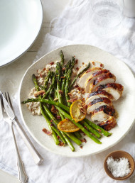 Roasted Chicken Breast with Asparagus and Anchovy Walnut Cream