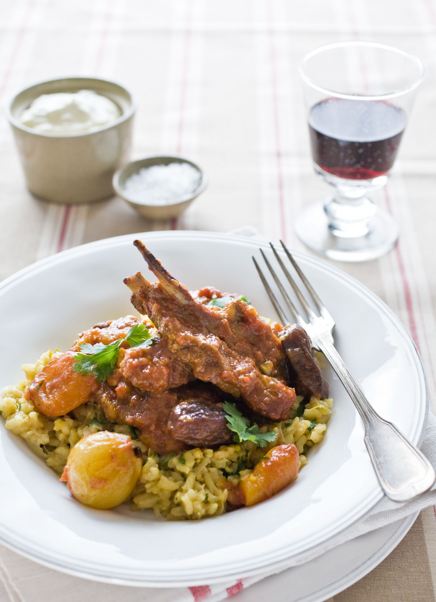 Lamb Braised with Apricots, Dates and a Leek Risotto