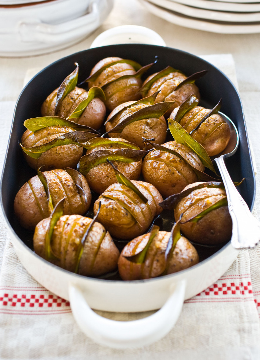 Hasselback Potatoes Braised with Bay Leaves