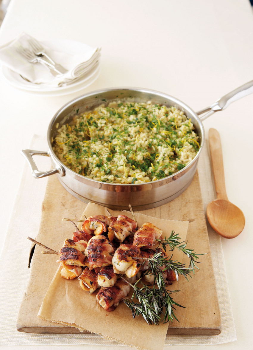 Pancetta-Wrapped Scallops with Saffron and Herb Risotto