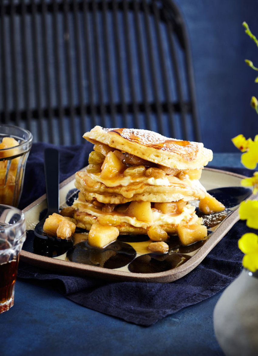 Buttermilk Hotcakes with Cider-Glazed Apples and Crème Fraiche