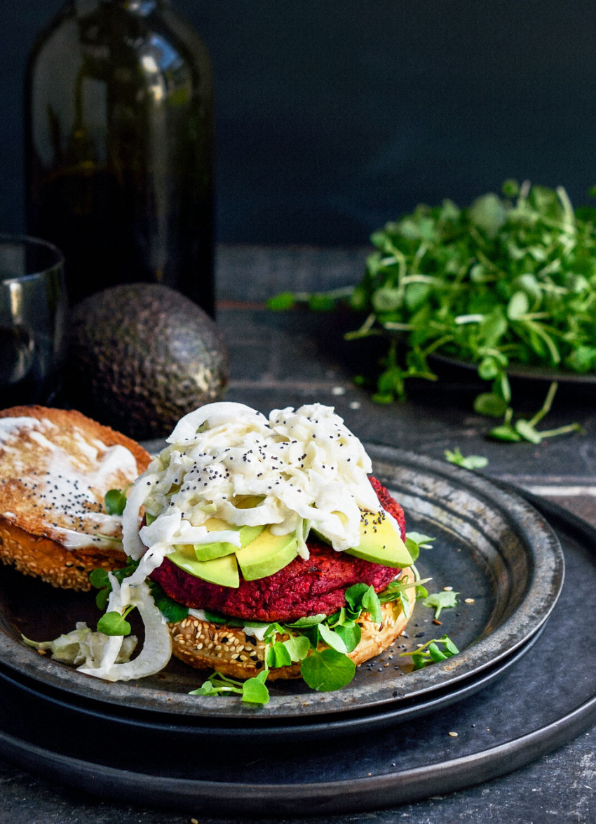 Beetroot and Chickpea Burgers with Fennel Slaw