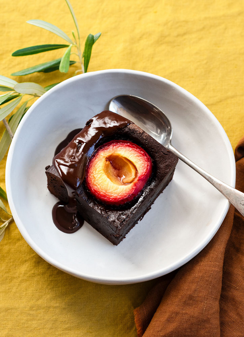 Dark Chocolate Plum Brownie with Frangelico-spiked Chocolate Sauce