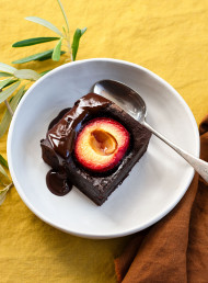 Dark Chocolate Plum Brownie with Frangelico-spiked Chocolate Sauce