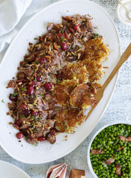 Roast Lamb with Lemon Crust and Damson Jus, Pan-Fried Grapes and Almonds