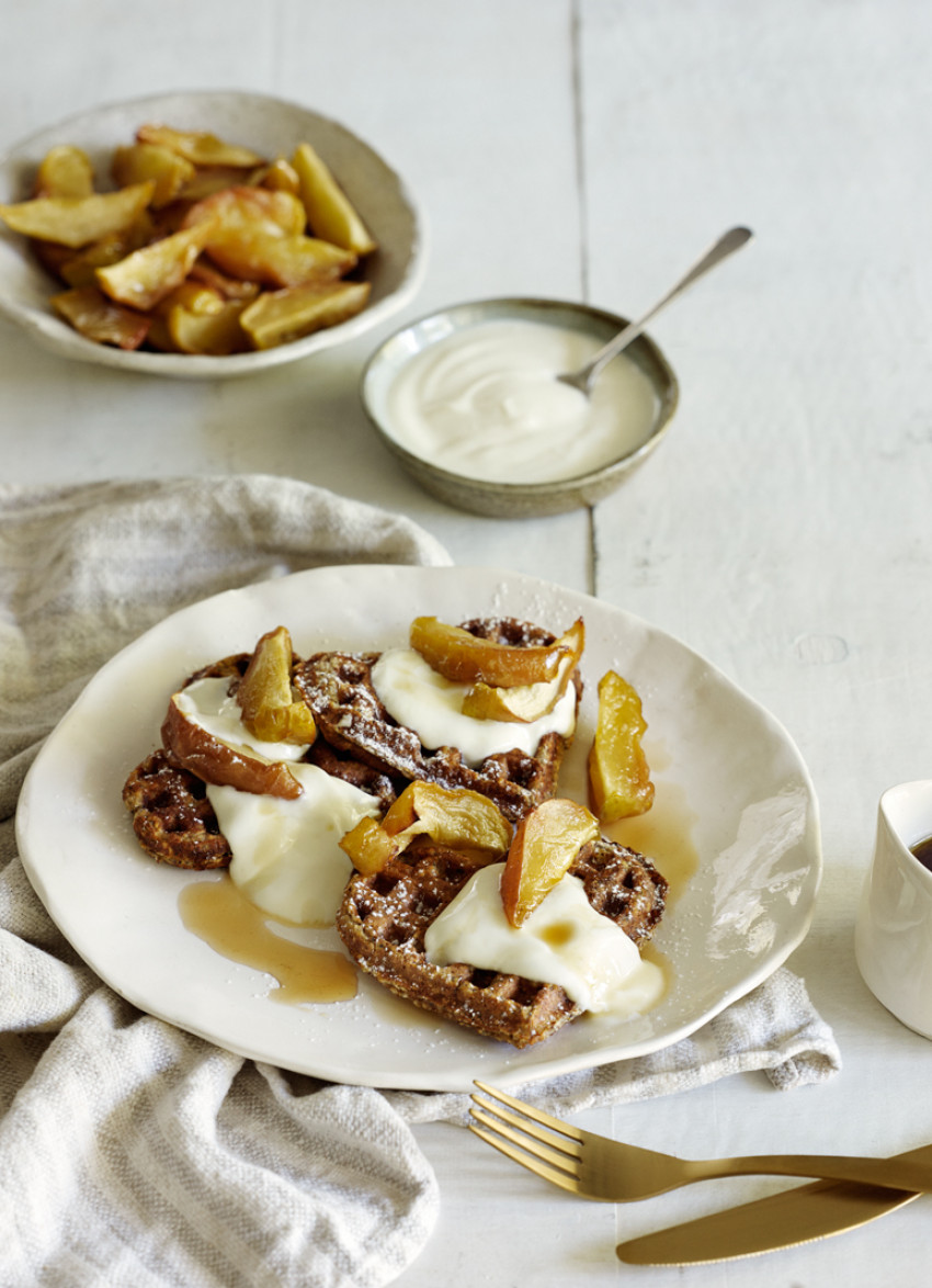 Lemon and Multi-seed Waffles with Roasted Apples