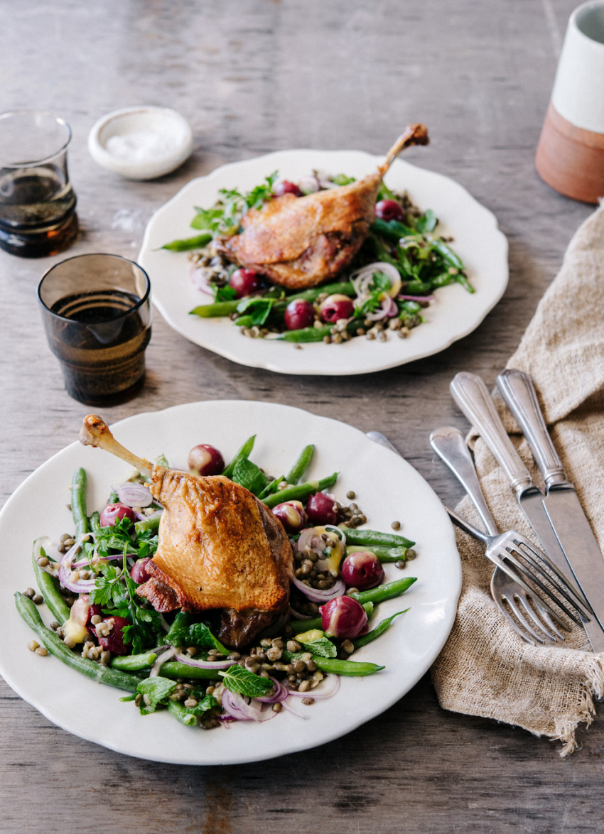 Chinese Five-Spice Roasted Duck Legs with Lentils and Cherries 
