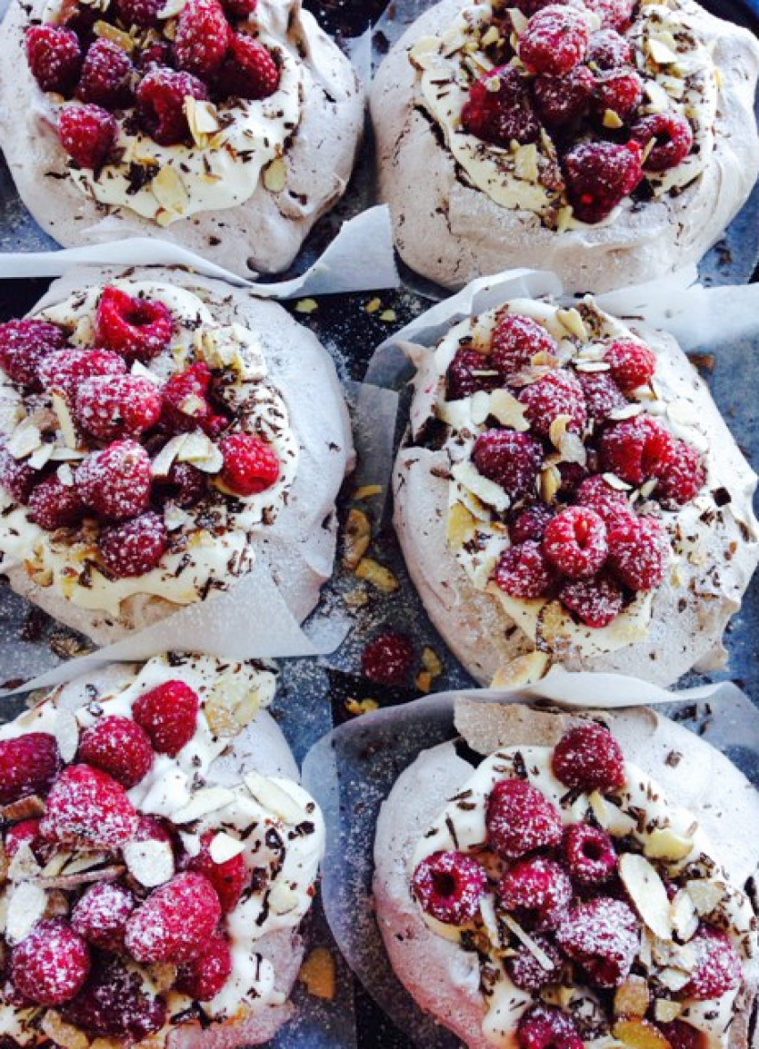 Chocolate, Roasted Almond and Fresh Raspberry Pavlovas