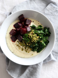 Balsamic Beets with Cauliflower and Parsnip Puree, Garlic Greens and a Walnut Herb Crumb