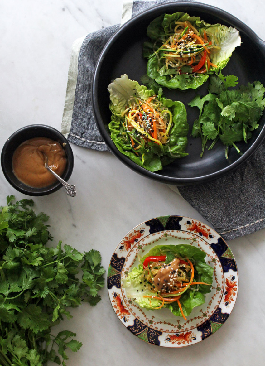 Kelp Noodle and Vegetable Lettuce Cups with Almond Satay Sauce