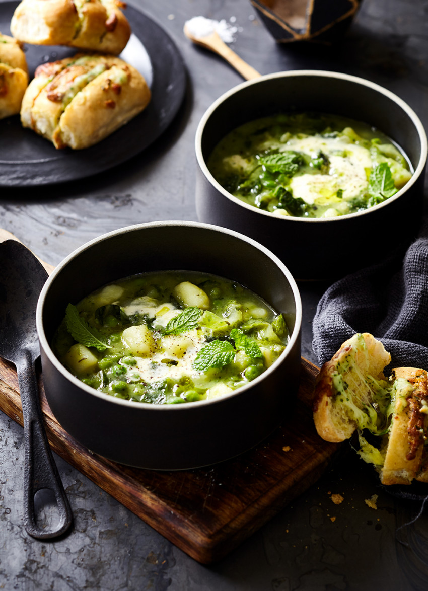 Pea and Herb Soup with Mozzarella Butter Rolls