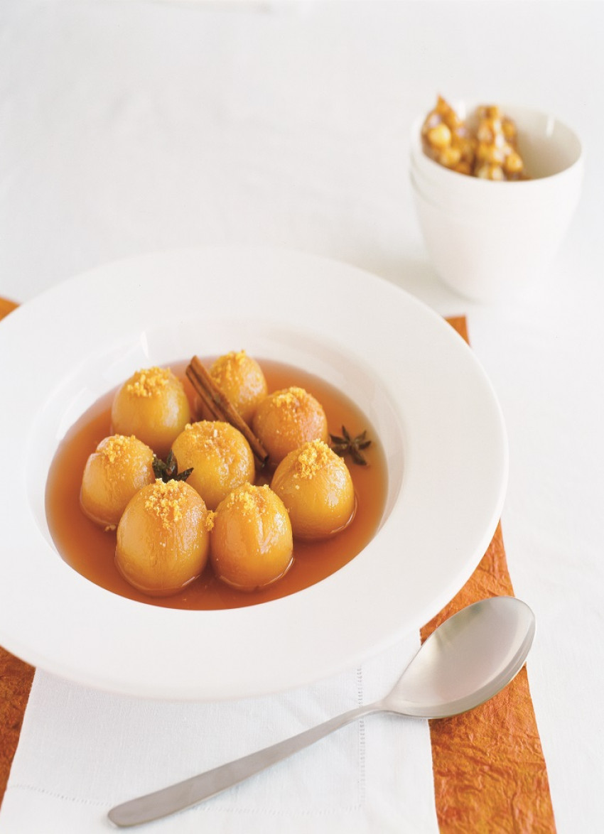 Peaches Poached in Lemongrass Syrup with Macadamia Praline