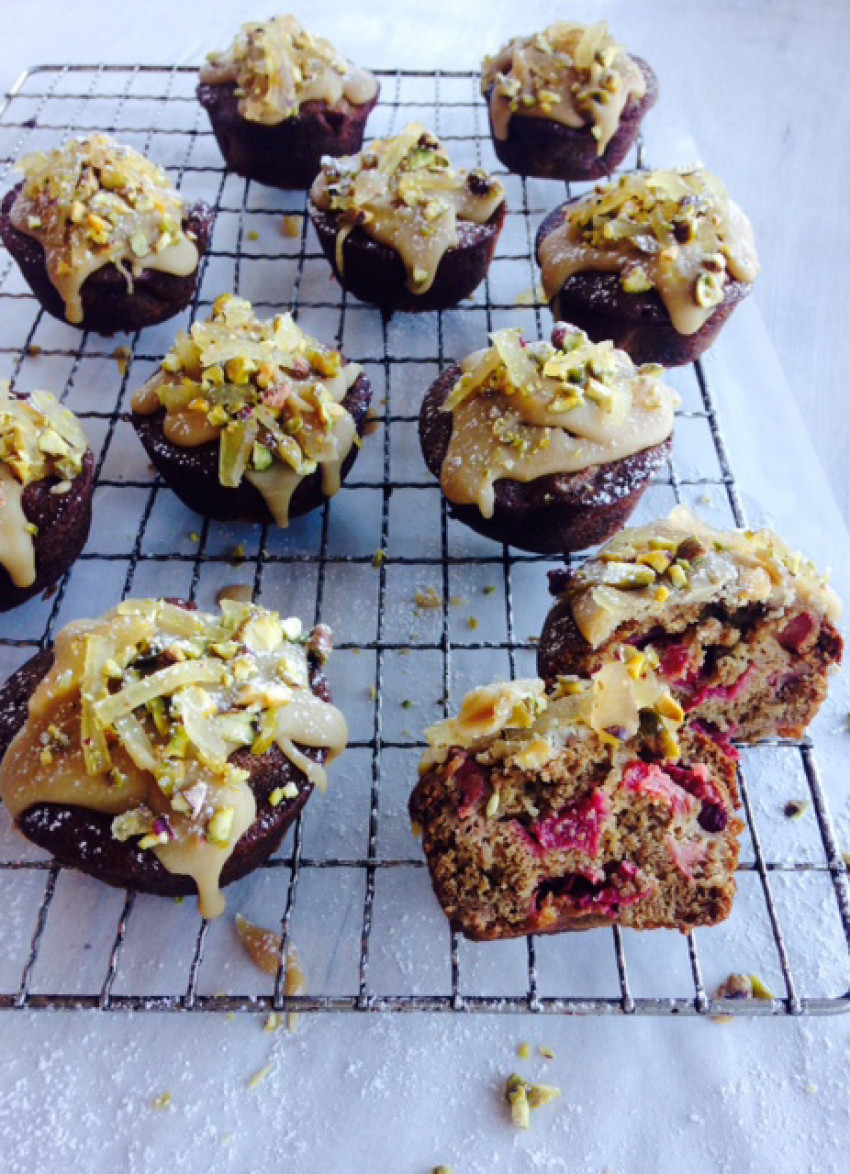 Spiced Sticky Rhubarb and Apple Cakes with Caramel Icing