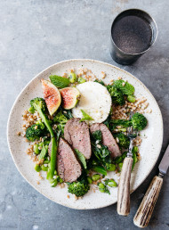 Venison with Goat’s Cheese, Figs and Honey on a Farro and Broad Bean Salad