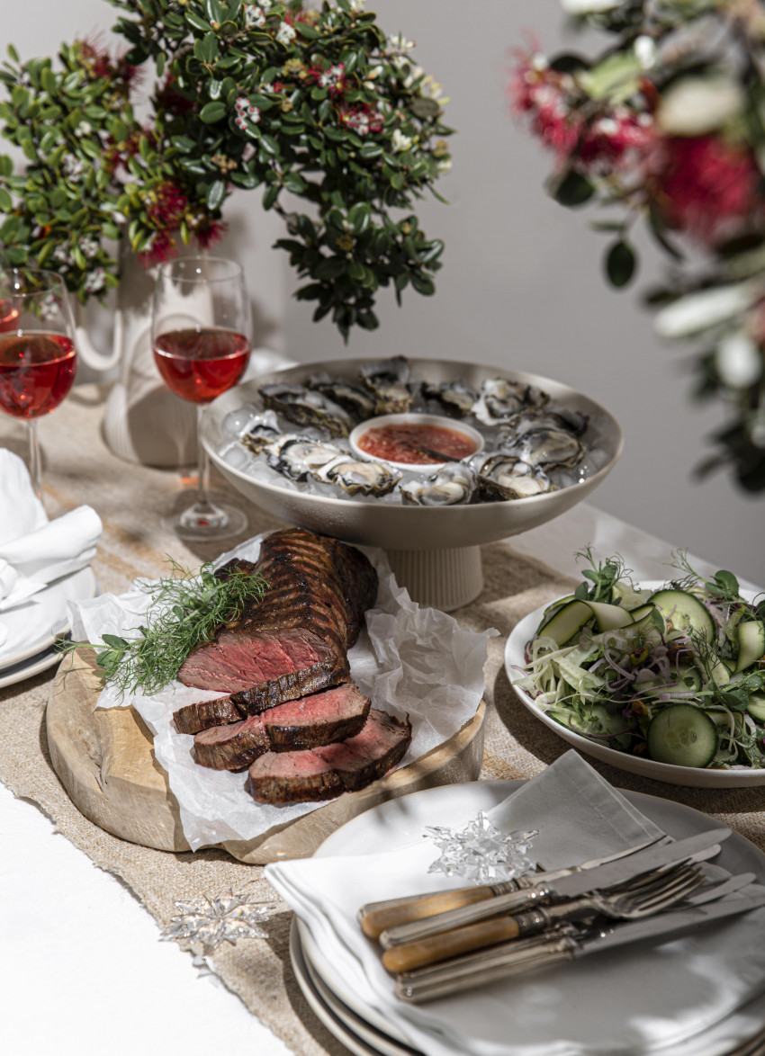 Christmas with Steak, Oysters and Crisp Fennel, Cucumber and Pistachio Salad