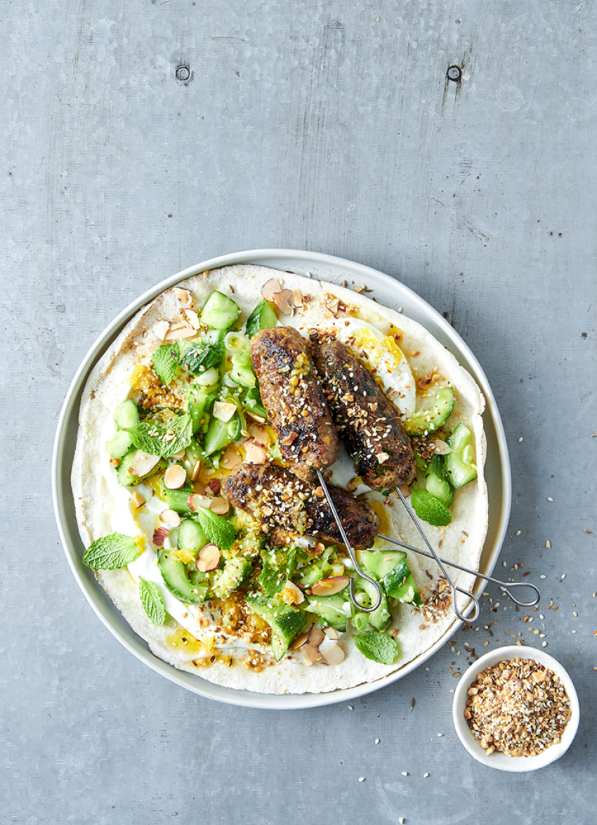 Spiced Lamb Kofta with Smashed Cucumber, Almonds and Yoghurt