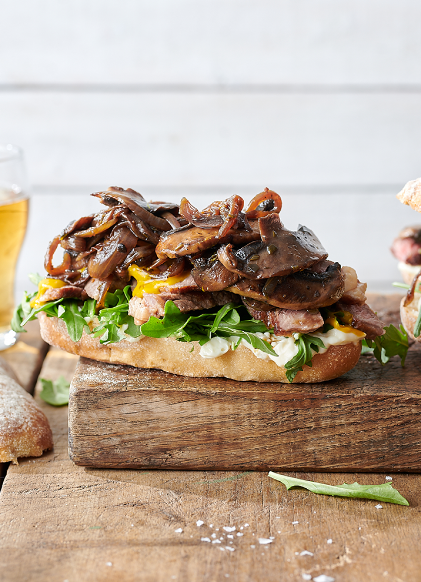 Grilled Steak Sandwich with Caramelised Onions and Mushrooms