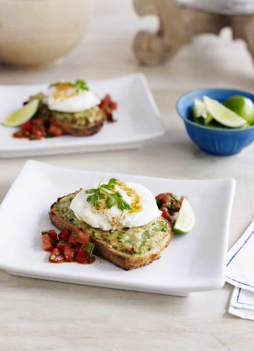 Prawn, Coriander and Chilli Toasts with Poached Eggs and Harissa