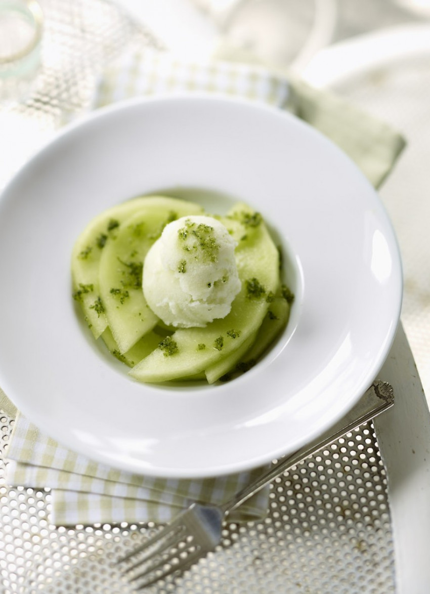Melon Sherbet with Melon and Herb Sugar