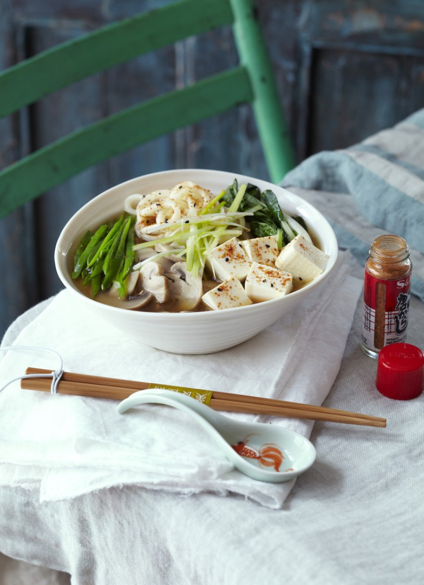Miso Soup with Udon Noodles and Togarashi