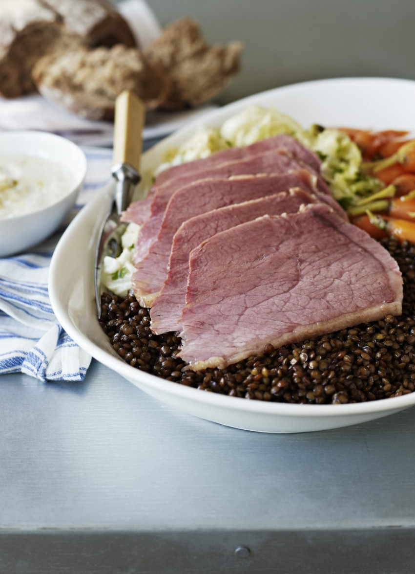 Corned Silverside with Green Lentils and Horseradish Sauce