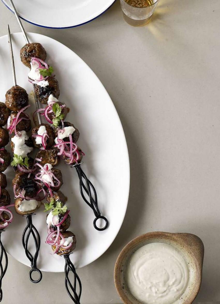 Merguez Sausage and Eggplant Kebabs with Pomegranate Dressing
