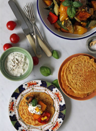 Chickpea Flour Pancakes with Fennel Roasted Summer Vegetables and Tahini Yoghurt 