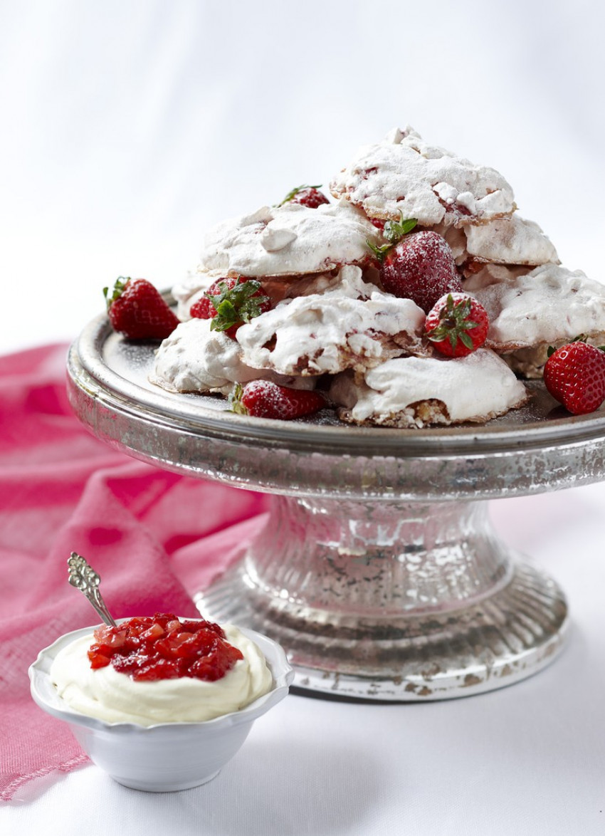 Strawberry and Hazelnut Meringues with Crushed Strawberry Cream