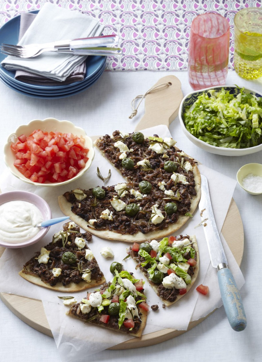 Greek Flat-Breads with Caramelized Onions, Beef and Green Olives