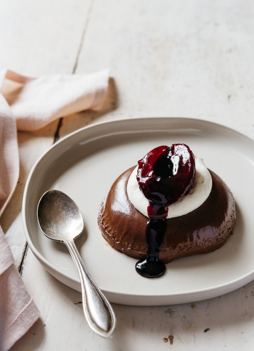 Dark Chocolate Panna Cotta with Red Wine Poached Plums