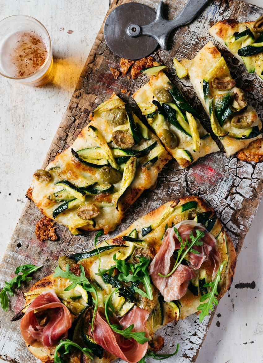 Zucchini, Mozzarella and Green Olive Pizza