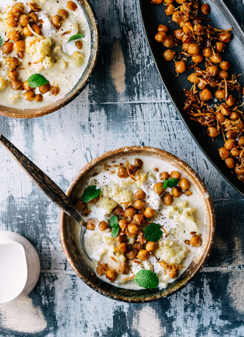 Cauliflower and Coconut Soup with Honey and Spice Chickpeas