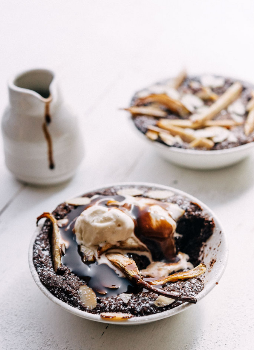 Dark Chocolate, Pear and Almond Pudding