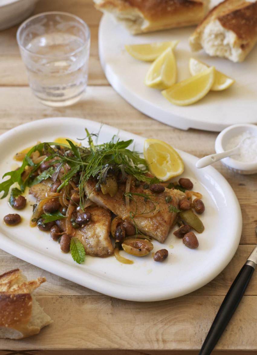 Panfried Fish with Borlotti Beans and Capers