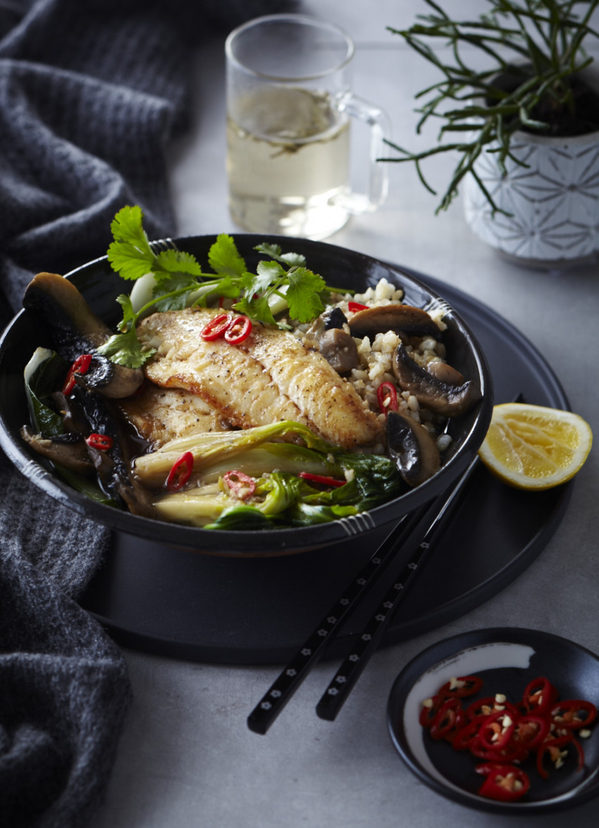 Soy and Ginger Fish with Mushrooms and Greens