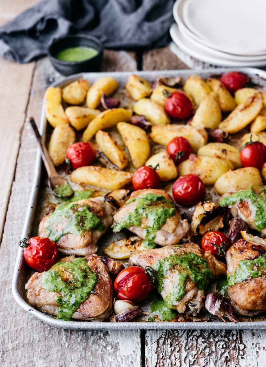 Parmesan Roasted Chicken and Crispy Potatoes with Herb Dressing