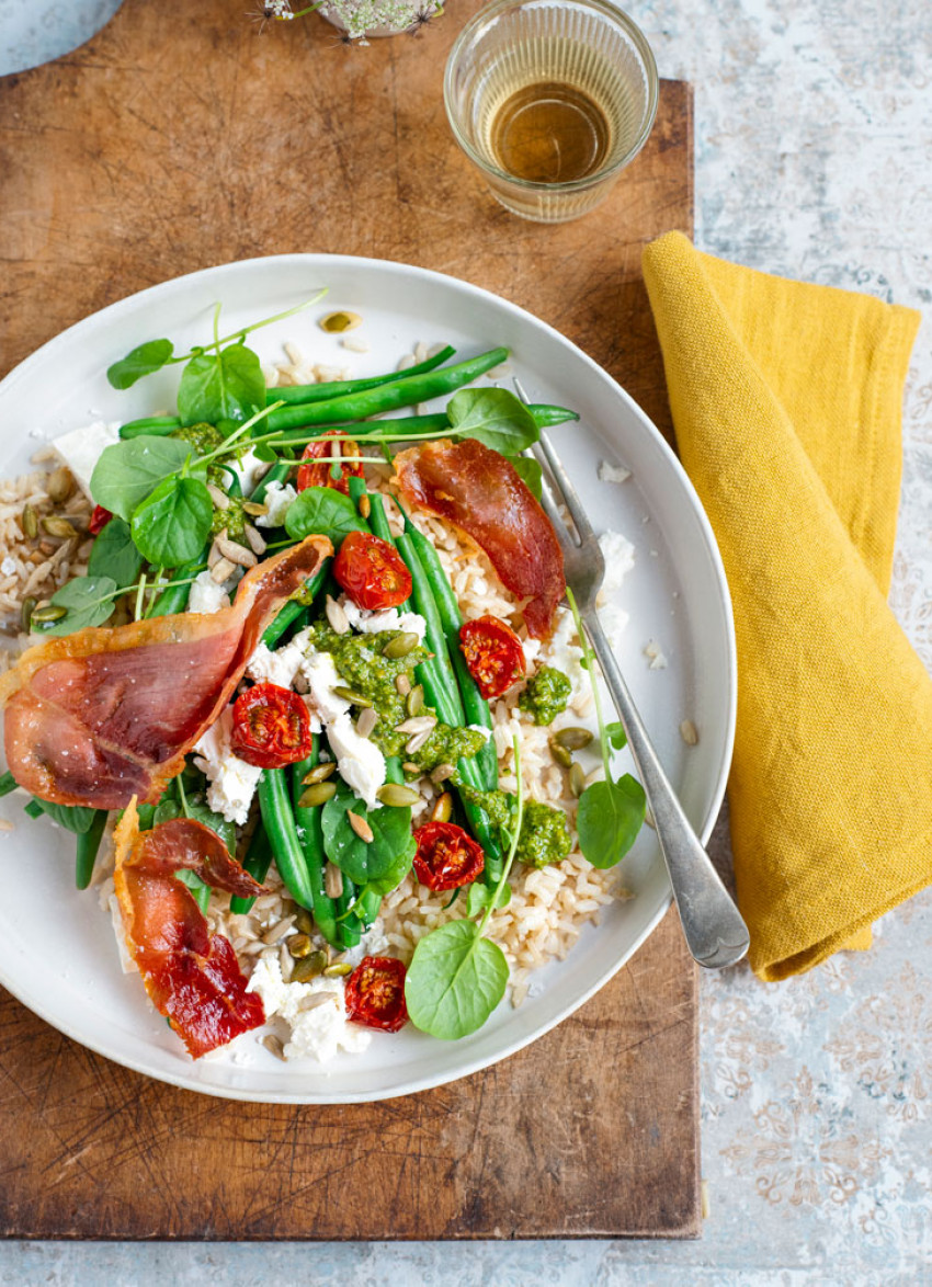 Quick Brown Rice Salad with Green Beans, Feta, Slow-Roasted Tomatoes and Crispy Prosciutto
