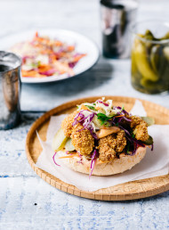 Corn Chip Crumbed Chicken and Fennel Slaw Burgers