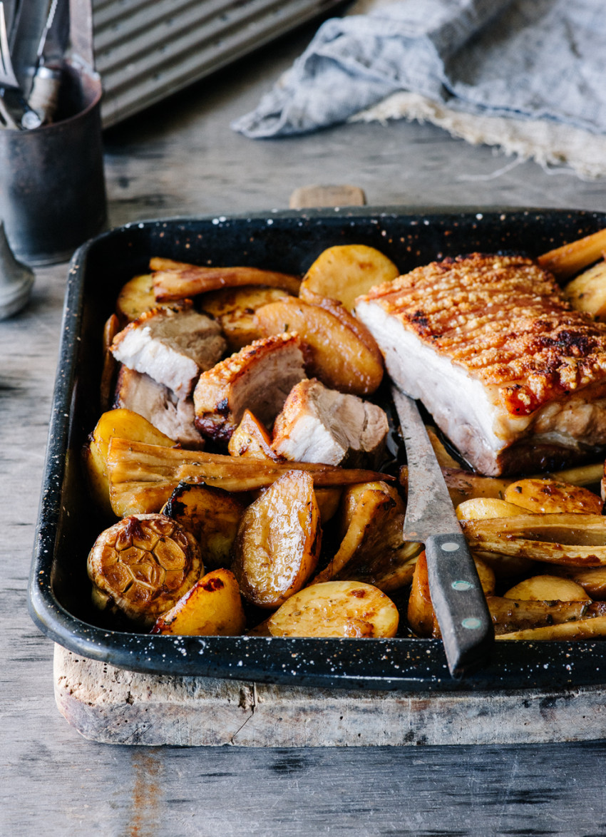 Crispy Pork Belly with Parsnips and Potatoes